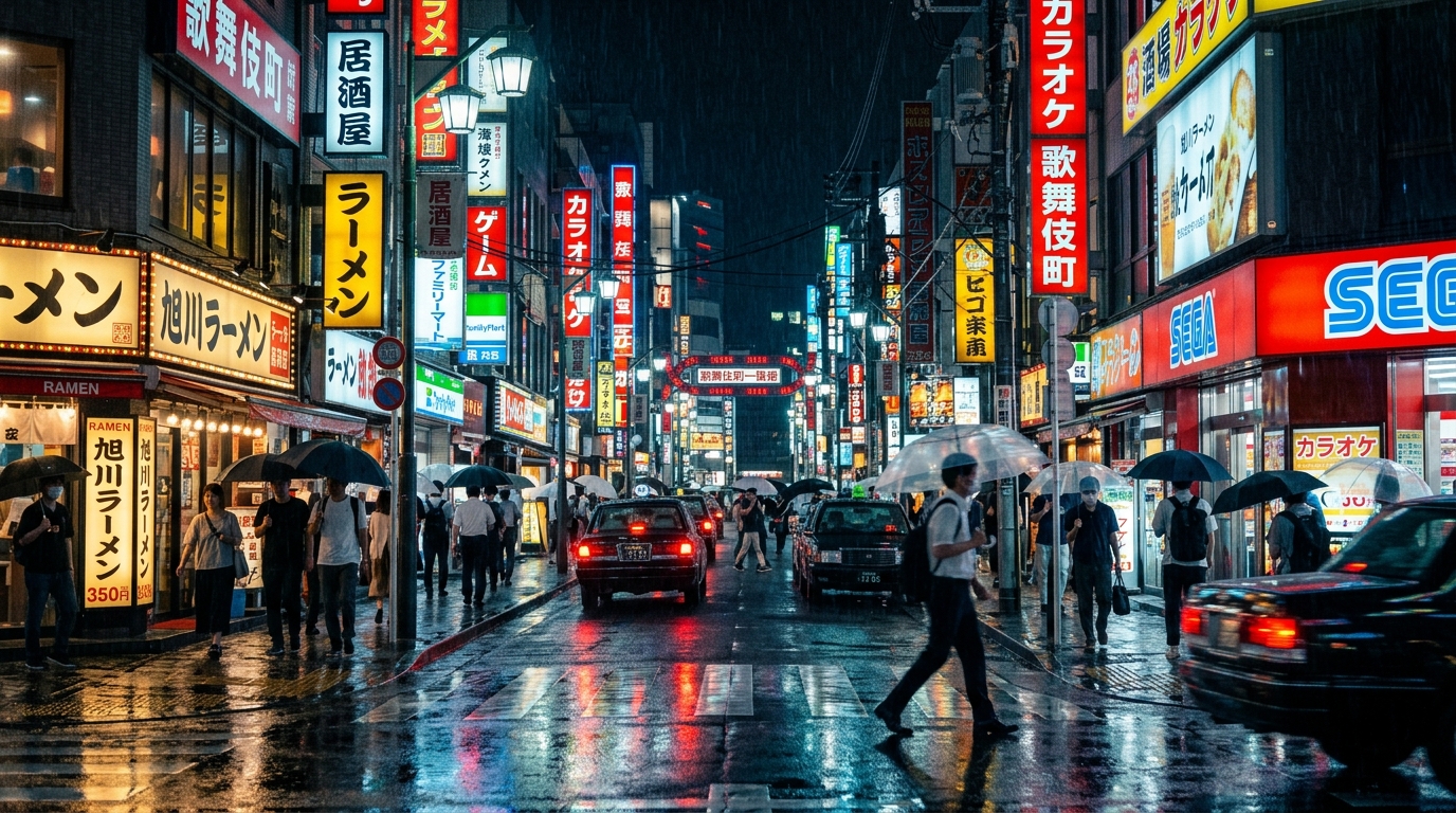 A neon-lit rainy street in Tokyo at midnight, cinematic