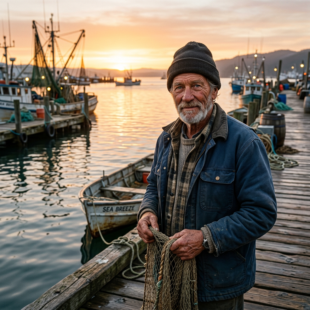 Realistic portrait of an elderly fisherman on a dock at dawn