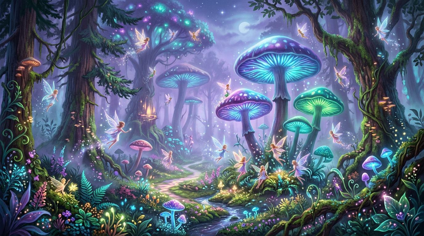 Mystical forest with giant glowing mushrooms and fairies