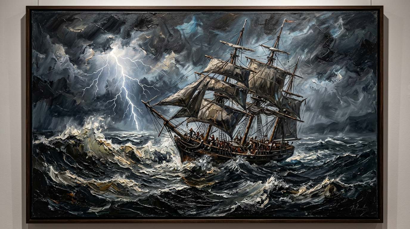 Oil painting of a stormy sea with a tall ship, dramatic