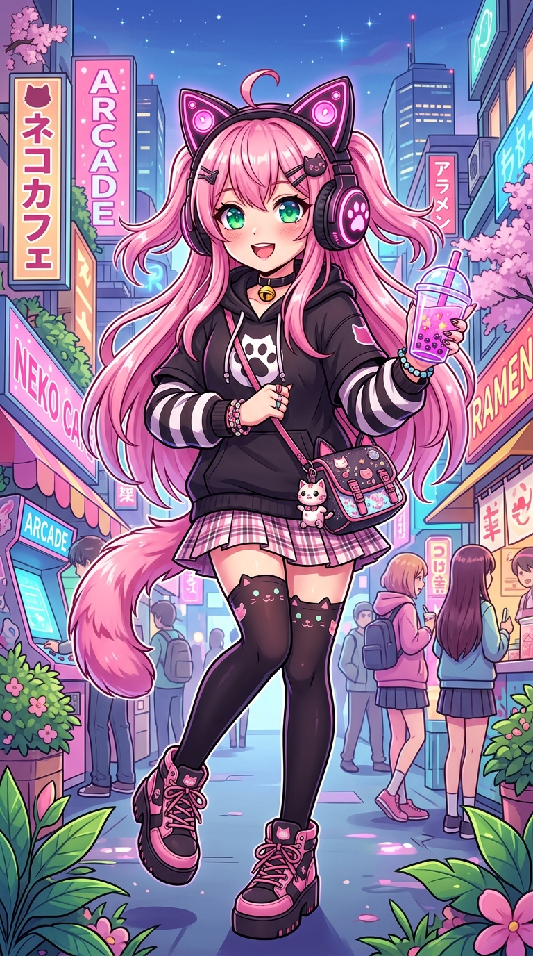 Cute anime cat girl with oversized headphones, vibrant colors