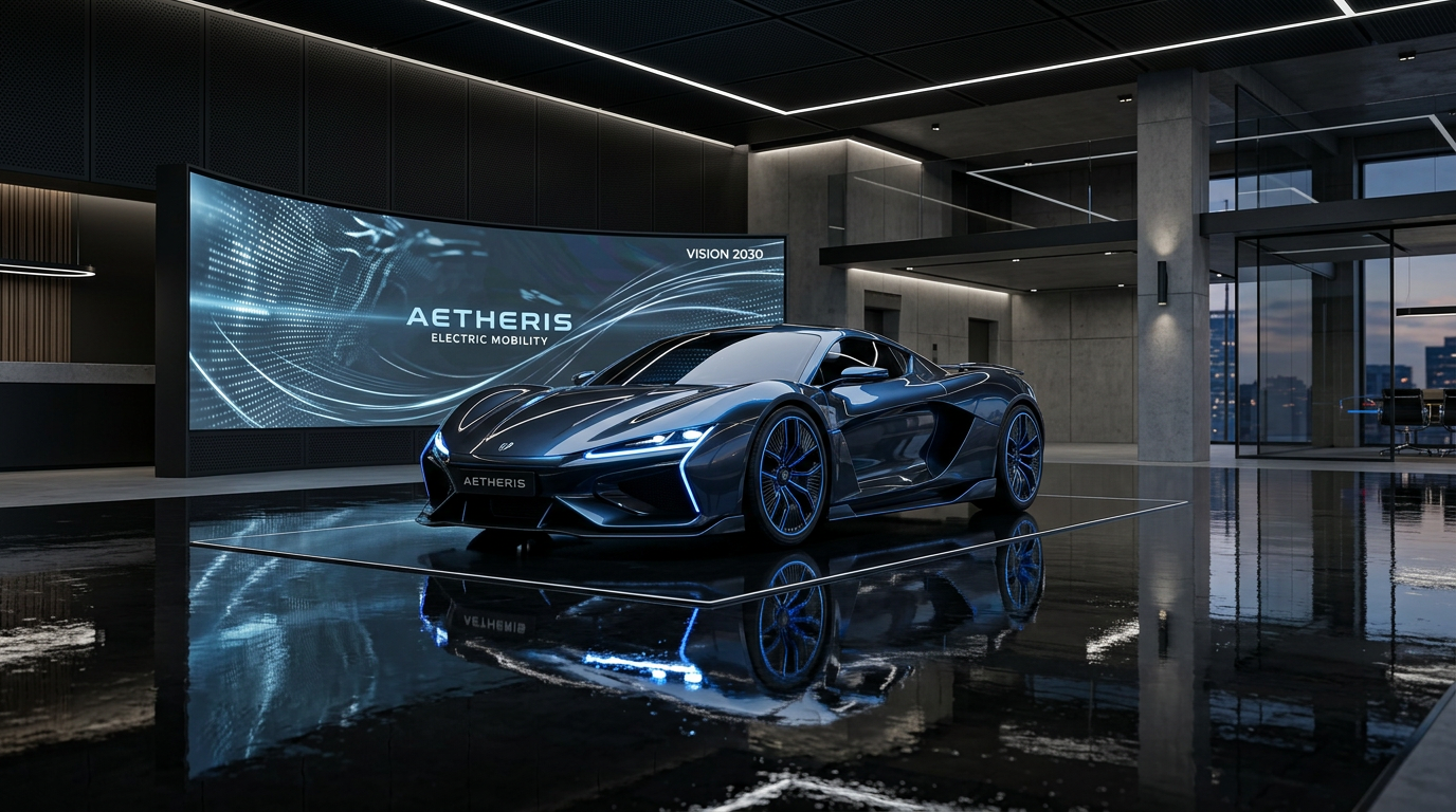 3D render of a futuristic sports car in a showroom